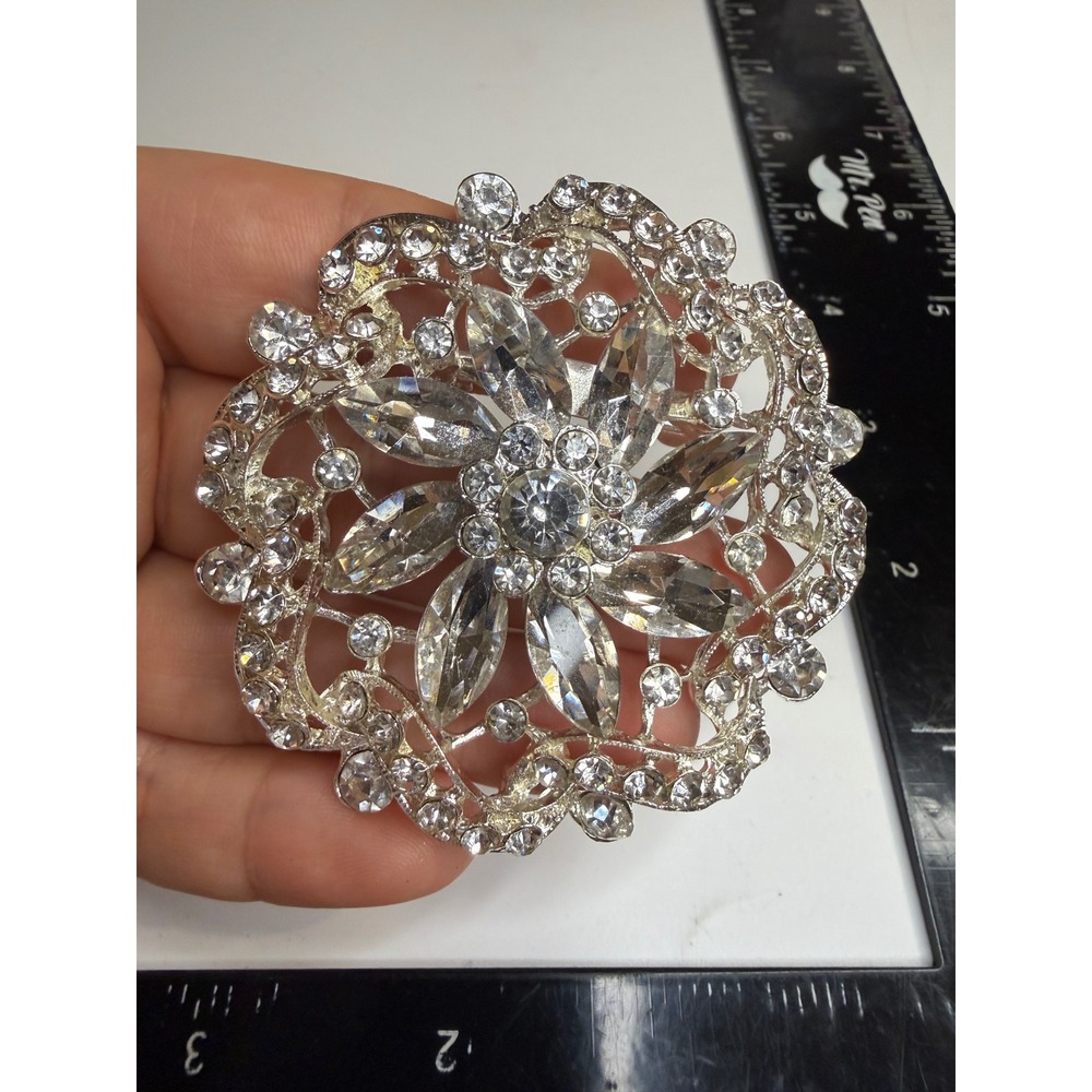 Silver Tone Clear Rhinestone Floral Sunburst Brooch Pin Statement Jewelry